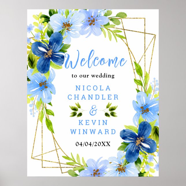 Blue and Navy Flowers Wedding Welcome Sign (Front)