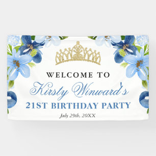 Blue and Navy Flowers Welcome Birthday Party Banner