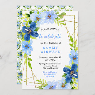 Blue and Navy Flowers with Foliage Birthday Invitation