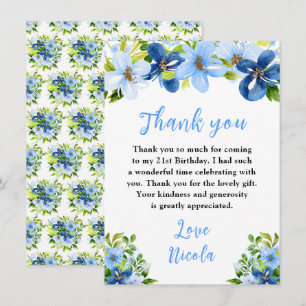 Blue and Navy Flowers with Foliage Birthday Thank You Card