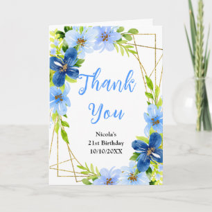 Blue and Navy Flowers with Foliage Birthday Thank You Card