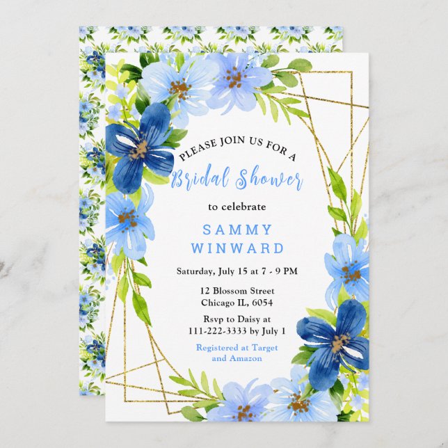 Blue and Navy Flowers with Foliage Bridal Shower Invitation (Front/Back)