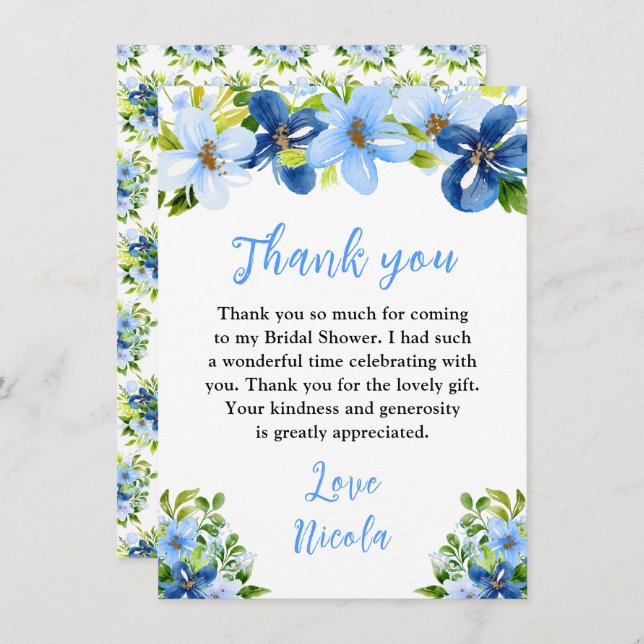 Blue and Navy Flowers with Foliage Bridal Shower Thank You Card (Front/Back)