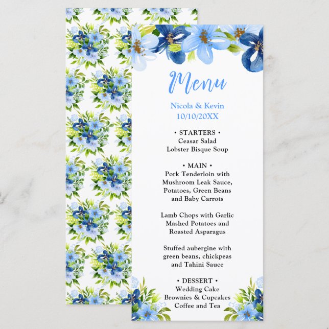 Blue and Navy Flowers with Foliage  Menu (Front/Back)
