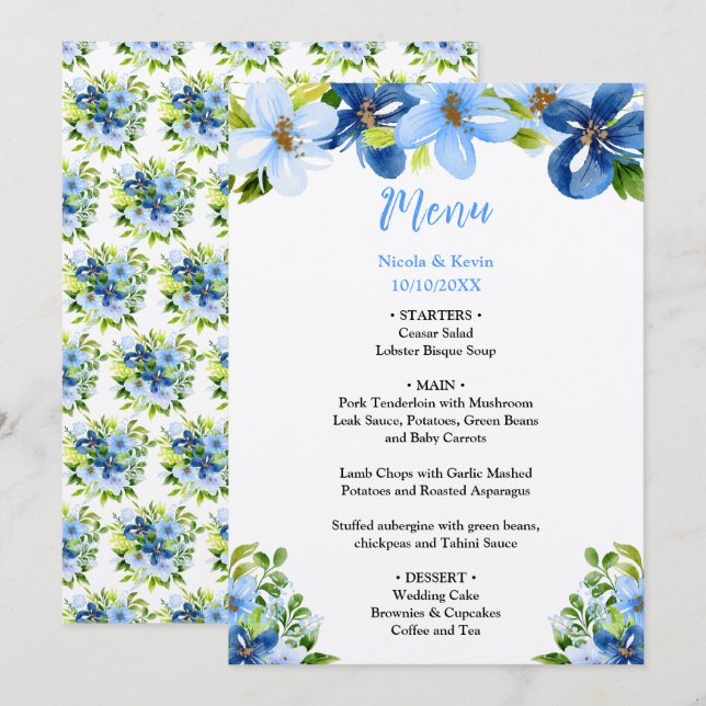 Blue and Navy Flowers with Foliage  Menu (Front/Back)