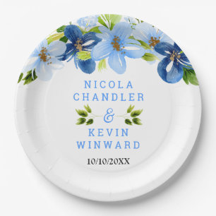 Blue and Navy Flowers with Foliage  Paper Plate