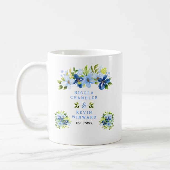 Blue and Navy Flowers with Foliage Wedding Coffee Mug (Left)