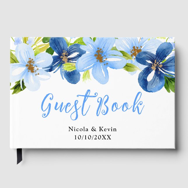 Blue and Navy Flowers with Foliage Wedding Guest Book (Front)