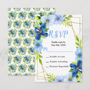 Blue and Navy Flowers with Foliage Wedding RSVP Card