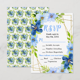 Blue and Navy Flowers with Foliage Wedding RSVP Card