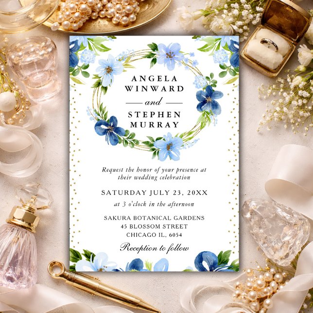 Blue and Navy Flowers Wreath Wedding Invitation (Creator Uploaded)