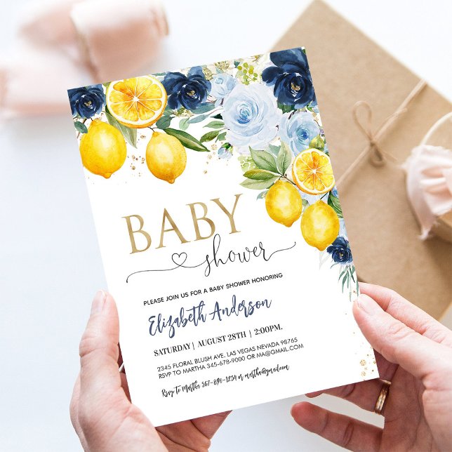 Blue and Navy Lemon Citrus Floral Baby Shower Invitation (Creator Uploaded)