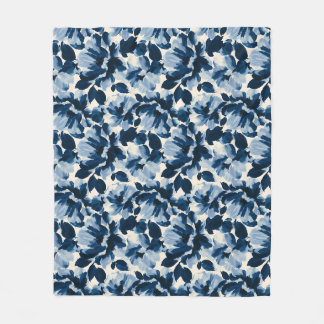 Blue and Navy painterly flower pattern Fleece Blanket