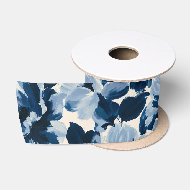 Blue and Navy painterly flower pattern Satin Ribbon (Spool)