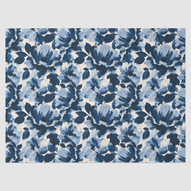 Blue and Navy painterly flower pattern Tissue Paper (Front)