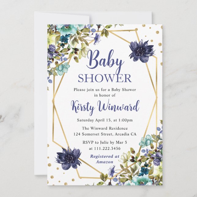 Blue and Navy Summer Flowers Frame Baby Shower Invitation (Front)