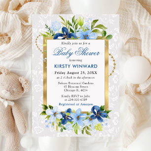Blue and Navy Summer Flowers Gold Baby Shower Invitation