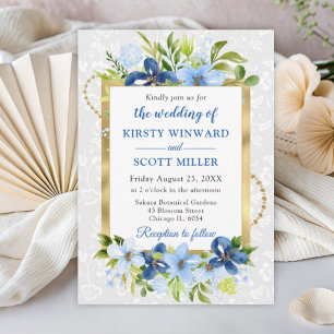 Blue and Navy Summer Flowers Gold Foil Wedding Invitation