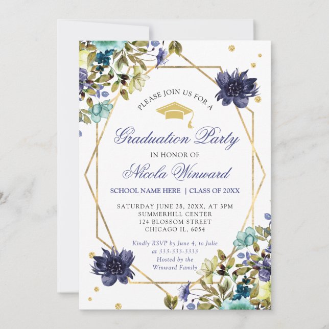 Blue and Navy Summer Flowers Graduation Invitation (Front)