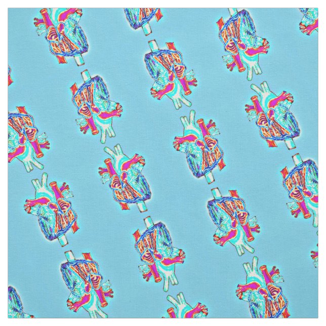 Blue and Neon Anatomical Heart Patterned Fabric (Swatch)