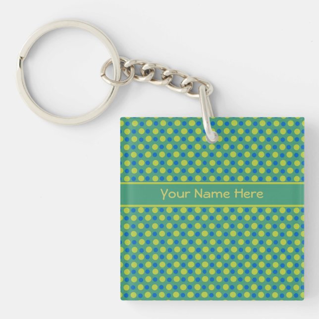Blue and Neon Green Polka Dots on Emerald Key Ring (Front)