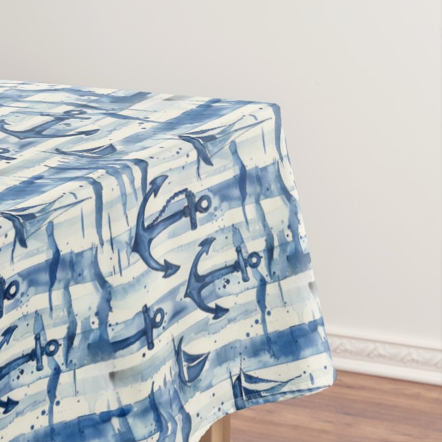 Blue and Off White Nautical Anchor Tablecloth (In Situ)