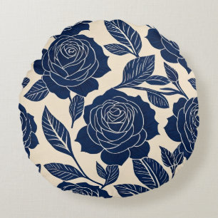 Blue and off-white Stylised Roses Round Cushion
