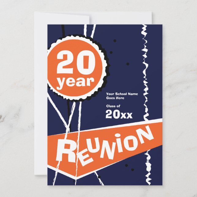 Blue and Orange 20 Year Class Reunion Invitation (Front)