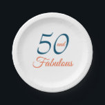 Blue and Orange 50th Birthday Party Paper Plate<br><div class="desc">Celebrate your 50th birthday in style with this elegant party design. 50 and Fabulous in dark blue and orange fancy text.</div>