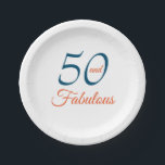 Blue and Orange 50th Birthday Party Paper Plate<br><div class="desc">Celebrate your 50th birthday in style with this elegant party design. 50 and Fabulous in dark blue and orange fancy text.</div>