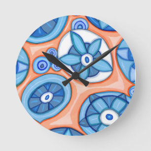 Blue and Orange Abstract Flowers Original painting Round Clock