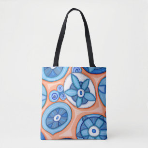 Blue and Orange Abstract Flowers Original painting Tote Bag