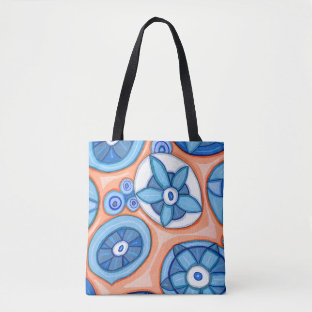 Blue and Orange Abstract Flowers Original painting Tote Bag (Front)