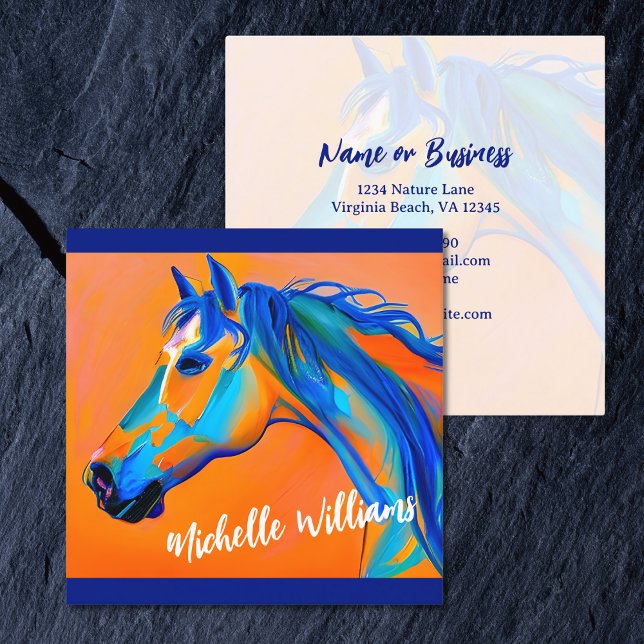 Blue and Orange Abstract Horse Art Square Business Card (Blue and Orange Abstract Horse Art Square Business Card)