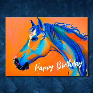 Blue and Orange Abstract Horse Happy Birthday Card