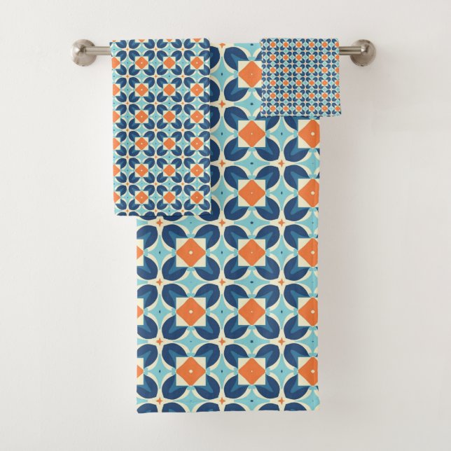 Blue and orange Arabic-inspired geometric pattern Bath Towel Set (Insitu)