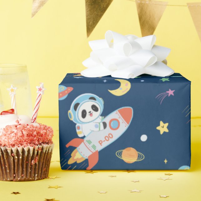 blue-and-orange Astronaut Panda Wrapping Paper (Birthday Party)