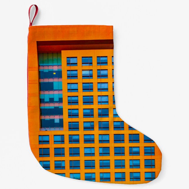 Blue and orange building small christmas stocking (Front)