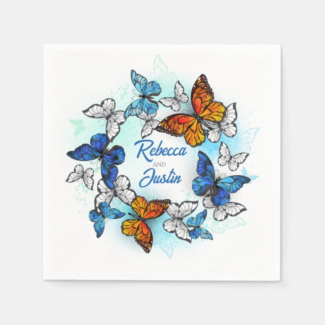 Blue and Orange butterflies Modern Boho Napkins (Front)