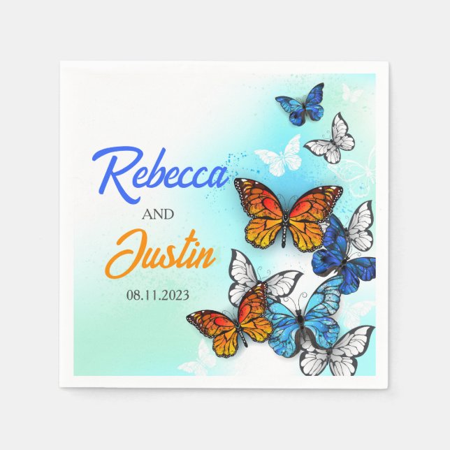 Blue and Orange butterflies Modern Boho Napkins (Front)