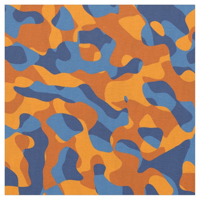 Blue and Orange Camouflage Print Pattern Fabric (Close Up)