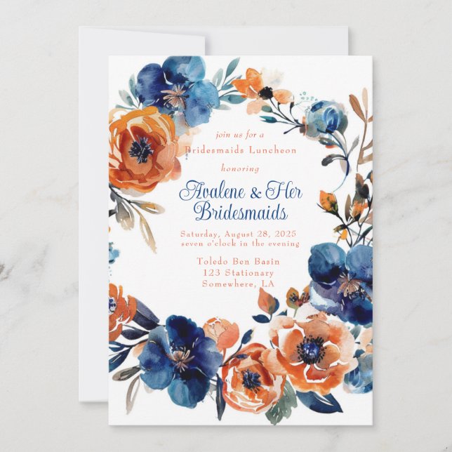 Blue and Orange Floral Bridesmaids Luncheon Invitation (Front)