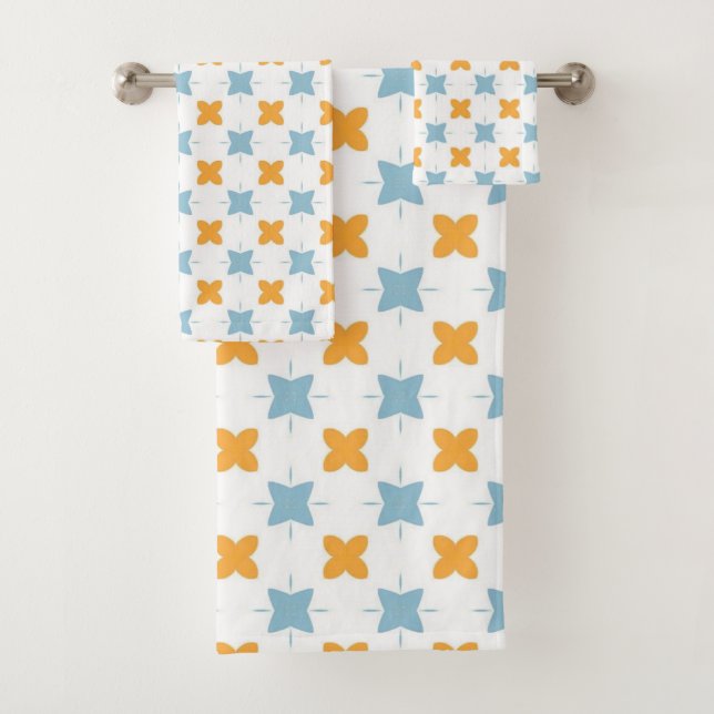 Blue and orange floral tile pattern bath towel set (Insitu)