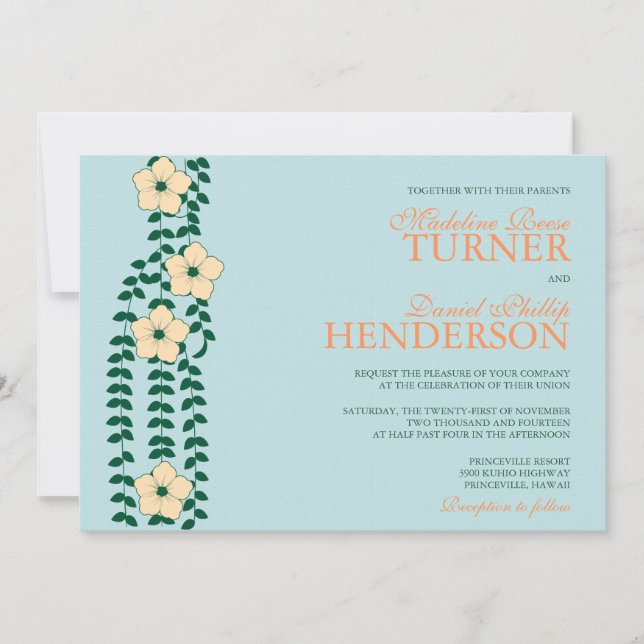 Blue and Orange floral vines -wedding invitation (Front)