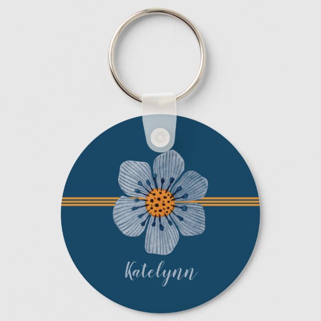 Blue and Orange Flower Personalised Keychain (Front)