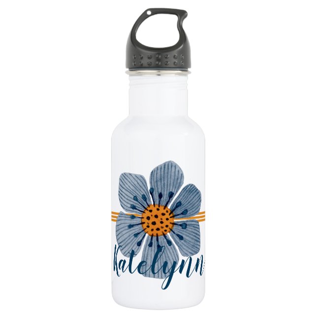 Blue and Orange Flower Personalised Water Bottle (Front)