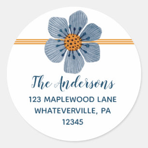 Blue and Orange Flower Round Address Labels