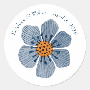 Blue and Orange Flower Round Wedding Stickers