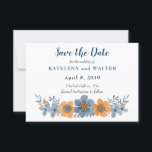 Blue and Orange Flower Save the Date Cards<br><div class="desc">These custom printed save the date cards feature a watercolor style floral illustration in softer muted shades of blue and orange, making them perfect for fall or autumn weddings and special events. The backs of these cards are a light blue with a matching flower motif. Use the template fields to...</div>