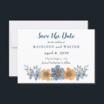 Blue and Orange Flower Save the Date Cards<br><div class="desc">These custom printed save the date cards feature a watercolor style floral illustration in softer muted shades of blue and orange, making them perfect for fall or autumn weddings and special events. The backs of these cards are a light blue with a matching flower motif. Use the template fields to...</div>